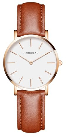 Garrulax Damen ultradünnes Gehäuse Analoge Quarzuhr Armbanduhren 36MM(Gold, weiße Oberfläche und braunes Leder)