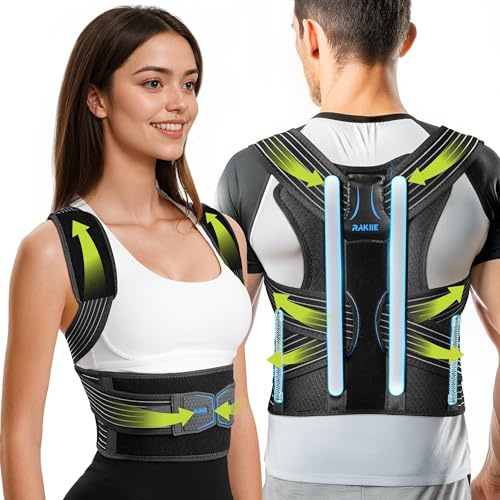 Rakiie Posture Corrector for Women and Men, Upgraded Back Brace with Enhanced Support, Shoulder Straightener with Cushioned Shoulder Pads & Underarm Pain Relief Strap, Black Size L