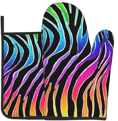 Colorful Rainbow Zebra Printed Oven Mitts And Pot Holders Set - 2 Pcs - Heat Resistant Waterproof Oven Gloves For Baking, Cooking, Bbq Grilling