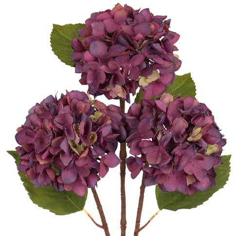 Hollyone Pack of 3 Hydrangea Artificial Flowers, Purple Fake Hydrangea Stems with Large 6'' Blooms, Long Stem Silk Flowers for Floral Arrangement, Tall Vase, Home Decor, Autumn Decoration