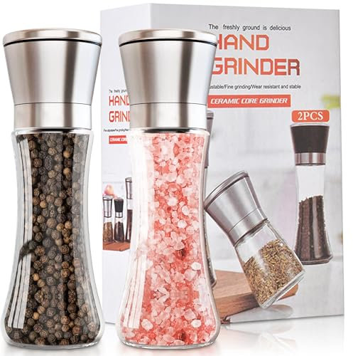 Salt and Pepper Grinder Set, 200ml Stainless Steel Pepper Grinder, Adjustable Coarseness Salt Shaker, Refillable & Reusable Salt Grinder, 2 Pack [Without Spice Content]