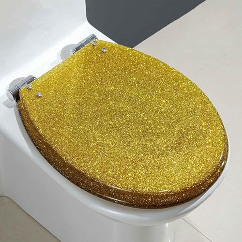 Premium Blue Ocean Resin Toilet Seat, Soft Close with Antibacterial Feature, Slow Close Quick Release, Yellow Starfish Design, Never Loosen (Golden)