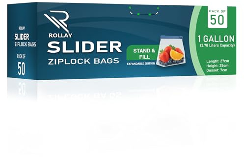 ROLLAY 50 Slider Ziplock Bags – 1 Gallon(3.78L) Food Storage Bags – Stand & Fill with Expandable Bottom – Resealable, Freezer Safe, Microwave Ready – Great for Fruits, Veggies & Leftovers