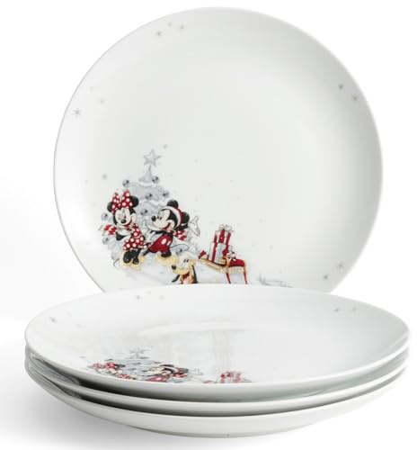 Fyrklövern Micky, Minnie & Pluto Flacher Teller Disney, 4er-Set, 27 cm, Porzellan, Spülmaschinenfest, Winter, Weiß