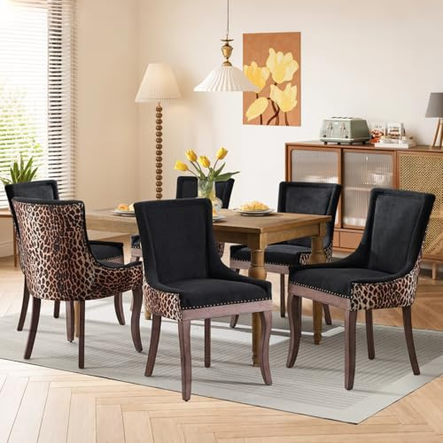 SoarFlash Polsterstühlen für Esszimmer, Wolkenvelours mit Nietenbesatz, eleganter abgestufter gebogener Holzfuß, geeignet für Küche und Esszimmer, Set aus 6, Leopardmuster