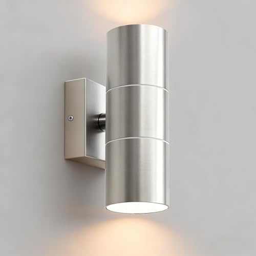 JNR Aussenlampe Wand IP54 Wasserdichte Wandleuchte Aussen, Silber | Edelstahl, Außenlampe Wand 2*5w GU10 3000K Warmweiß LED Glühbirne, 230V Außenleuchte Aussenleuchte, Ausenbeleutung Hauswand