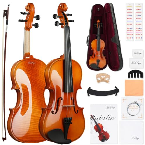 LeSage Violin 4/4 Full Size Set for Beginners & Adults-Complete Kit with Hard Case, Tuner, Rosin, Wood Shoulder Rest, Bow and Extra Strings & More