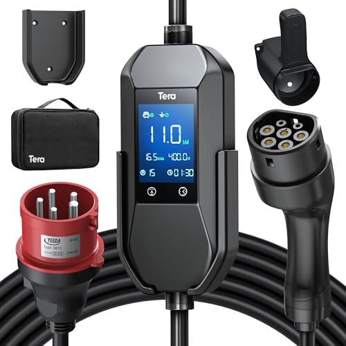 Tera Mobile Wallbox EV Caricatore Tipo 2: 11 kW 400 V 7,5 m 6–16 A Display 2,8 Trifase CE & IP66 Cavo di ricarica con borsa Accessori per auto elettrica Adattatore EV P06
