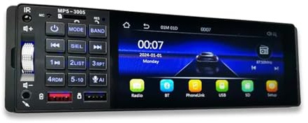 Autoradio Bluetooth 1 Din Carplay, Auto, USB TF Aux, ricevitore stereo FM, schermo touch da 5 pollici, unità principale di sistema 3005