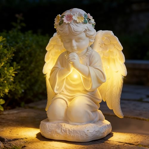 Figurine d'ange solaire pour tombe - Résistante aux intempéries - Statue d'ange gardien à LED de prière avec lumière LED à énergie solaire - Sculpture d'ange féérique - Convient pour les jardins, les