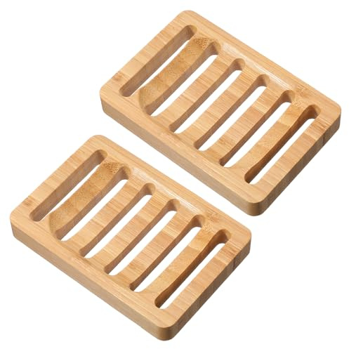 Shimmeroo 2 Pack Wooden Soap Dish, Self Draining Natural Bamboo Bar Soap Holder for Bathroom, Shower Bath Tub, Kitchen Sponges, Easy Dry Extend Soaps Life