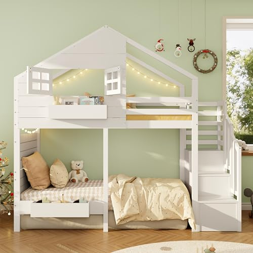 BEJUDYTT Etagenbett, Hochbett, Kinderbett 90x200cm mit Rausfallschutz und Stauraumtreppe, Jugendbett, mit Fenster, Massivholz, weiß
