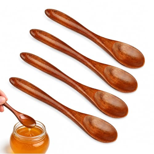 Petite Cuillere En Bois, 4 pièces Petite Cuillère En Bois Solide, Cuillere A Miel, Cuillere Bois, Cuillère à Miel, pour mélanger la cuisson du miel, du chocolat chaud, du thé, du café