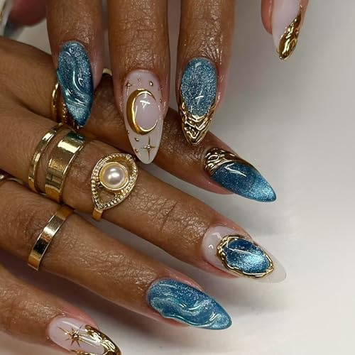 24 nail art contenenti motivi scintillanti occhi gatto e stelle ' oceano in ABS per molteplici scelte stili e unghie dorate da indossare rapidamente