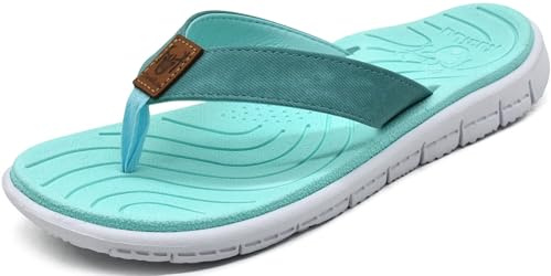 KuaiLu Casual Flip Flops for Women Comfortable Yoga Mat Arch Support Cushion Leather Slides Summer Beach Pool Outfits Flats Walking Thong Sandals Travel Essentials Orthotic Shoes Lake Blue Size 8