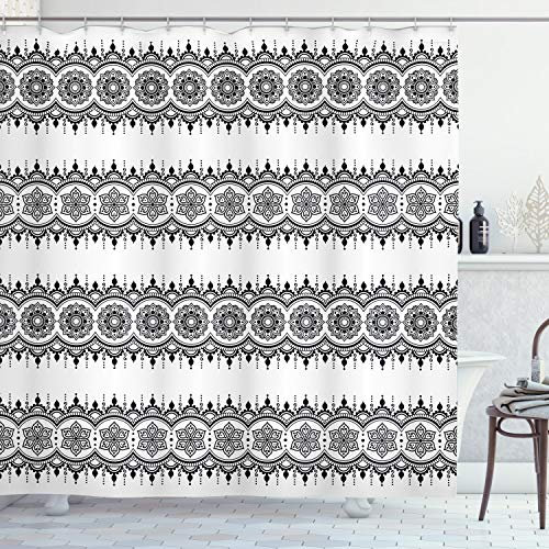 ABAKUHAUS Henna Duschvorhang, Monochrome Mandala Tattoo, Stoffliches Gewebe Badezimmerdekorationsset mit Haken, 175 x 240 cm, Weiß schwarz