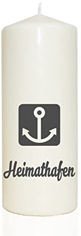 WB wohn trends Spruchkerze, Heimathafen Anker, grau, 20cm, 765g d8cm, Kerze mit Spruch, Brenndauer ca 70 Std