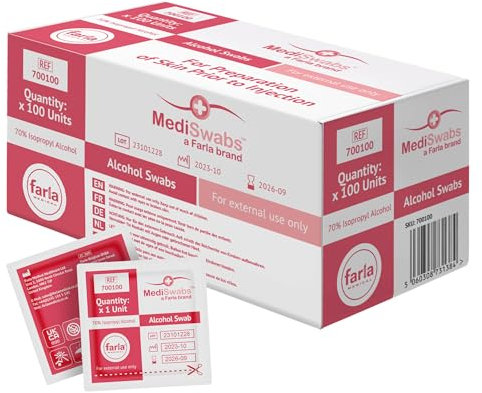 MediSwabs Pre Injection Alcohol Wipes (x100), Antiseptic Wipes with 70% Isopropyl Alcohol Sachets, Individually Wrapped Disposable Wound Cleaning Wipes, First Aid/Medical Use