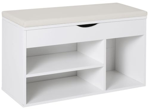 HOMCOM Wooden Shoes Cabinet Bench Hidden Storage White 80 x 30 x 47 cm | Padded Seat, Organiser, Footwear Rack, Hallway