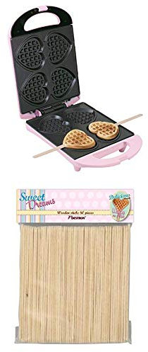 Bestron Waffeleisen für Herzwaffeln am Stiel, inkl. Holzstäbchen 1x 60 Stück, Farbe Gerät: Rosa