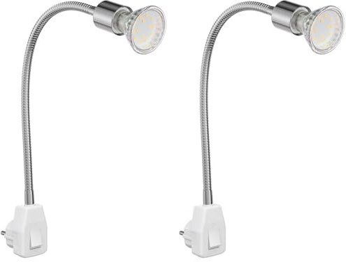 ledscom.de 2x Steckdosenlampe LESCH Leselampe Schwanenhals, Schalter, Chrom inkl. GU10 LED Lampe PAR2,076W 206lm 110° weiß