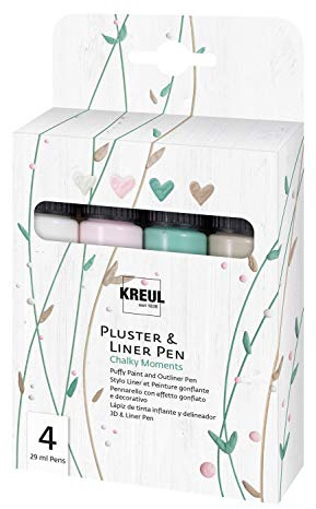 KREUL 49831 - Pluster & Liner Pen Chalky Moments, 4 x 29 ml in kreidigen Farbtönen, Plusterfarbe zum Dekorieren und Verzieren, 3D Dekoeffekte durch Aufplustern im Backofen, mit Bügeleisen oder Fön