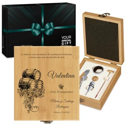Maverton - Juego de Vino - Set Vino Personalizado- Accesorio con Caja Grabado - 4 Piezas con Abridor de Botellas - Regalos Amigas Originales - Idea Regalo Mujer para Cumpleaños - Edad