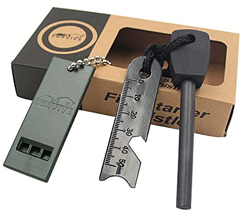 Pierre à Feu Allume Feu en Silex Magnésium Briquet Kit 7 en 1 avec Manche en Bois Fabriqué à La Main épais De 5/16 10,000 Gerbes D'étincelles Silex De Survie Traditionnel Survie Camping Randonnée