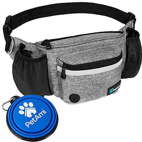 PetAmi Dog Fanny Pack, Treat Pouch for Dog Walking, Training, Built in Poop Bag Dispenser, Water Bottle Holder, Collapsible Bowl, Pet Treat Waist Belt for Hiking, Running, Kibbles (Grey)