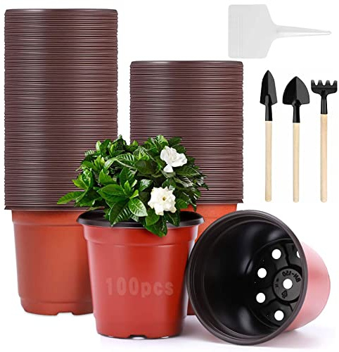 100 stycken såddkoppar 10 cm, blomkrukor utomhus och inomhus, levereras med 10 växtetiketter och 3 trädgårdsredskap