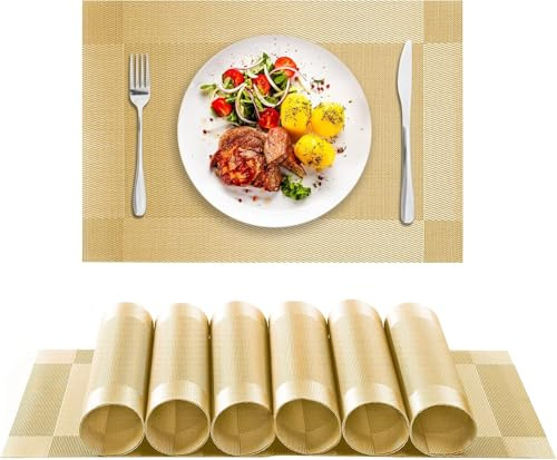 jiuzcare Tischsets abwaschbar 6er Set, 100% PVC Platzsets 30 x 45 cm in Gold, Rutschhemmende Platzdeckchen, Pflegeleichte Tischunterlage für Esstisch, Küche, Esszimmer, Restaurant, Hotel und Gäste