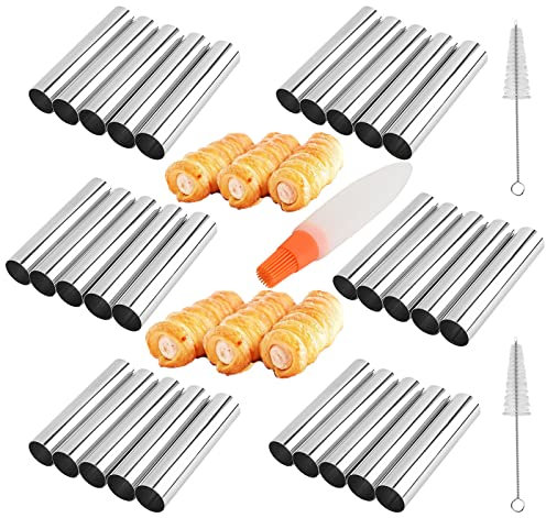 Non-Stick Cream Cannoli Tubes, RoseFlower 30 Pcs Stainless Steel Screw Croissant Mould Cannoli Shells Horn Cones Molds with 2 Clean Brush - Pastry Baking Set for Christmas Halloween Anniversary Party