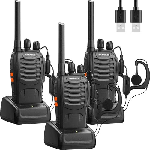 Baofeng Walkie Talkies Funkgerät PMR446 Zwei-Wege-Radio Professionelle Gegensprechanlage 16 Kanäle Funkempfänger Sende- und Empfangsgerät,Inklusive Akku, Headset und USB-Ladestation(3 Stück)