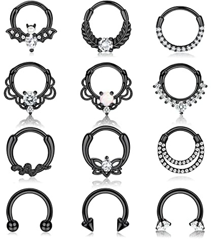 Adramata 12 Stück 16G Septum Piercing Nasenringe Hoop Chirurgenstahl Nose Piercing Septum Ringe Set CZ Opal Knorpel Daith Piercing Ring Helix Piercing Ohrring Nasenpiercing Nasenringe Schmuck