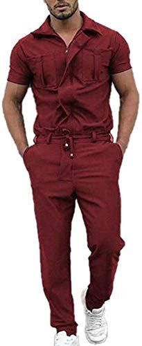 oytto Herren Revers Latzhose Kurzarm Arbeitsoveralls Kurzarm Arbeitskleidung Boilersuit Latzhose, rot, XXL