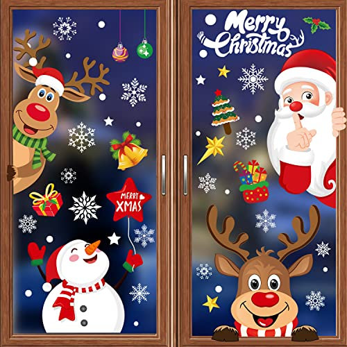 Weihnachts-Fensteraufkleber, 256 Stück, doppelseitig, selbstklebend, wiederverwendbar, Dekoration mit Weihnachtsmann, Elch, Schneemann, Socken, Weihnachtsbaum