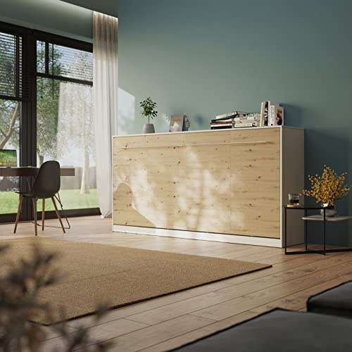 Generisch Modernes Schrankbett Standard 90x200cm Horizontal Weiß/Wildeiche mit Gasdruckfedern Wandklappbett fürs Schlafzimmer, Wohnzimmer, Büro