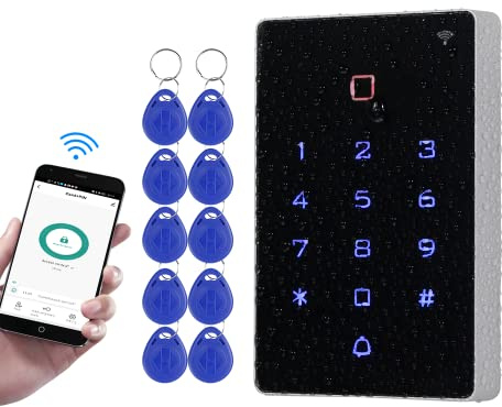 Tuya WiFi-Zugangskontroller, IP68, wasserdicht, RFID-Tastatur, Touchscreen, Hintergrundbeleuchtung – Tür WG26/34 Ausgang Alarmsystem + 10 Stück 125 kHz Schlüsselanhänger