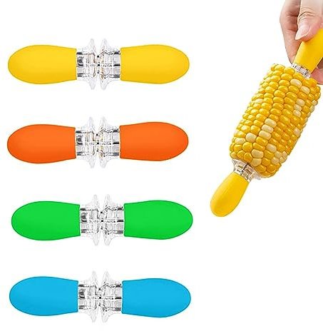 EBbels Corn Cob Forks, 4 Pairs Stainless Steel Corn on The Cob Skewers, Interlocking Corn Holders with Silicone Handle, Corn Stripping Tool for Barbecue, Parties, Picnics, Camping
