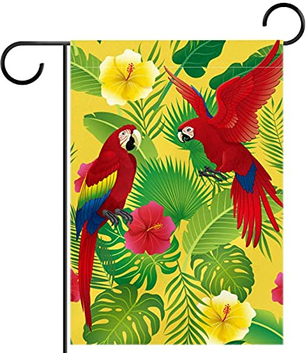 feuilles de palmier perroquets rouges Drapeau de jardin 12x18 pouces,Petits drapeaux de cour,bannière verticale Double face,décoration extérieure