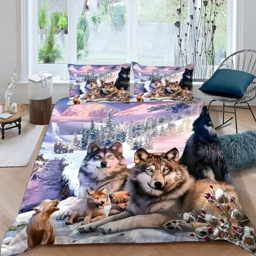 MEVASA Kids Bedding Wolf Duvet Cover Set - Forest Animal Wolf Fluffy Microfiber Hypoallergenic Single Duvet Cover 3 Pieces /135x200