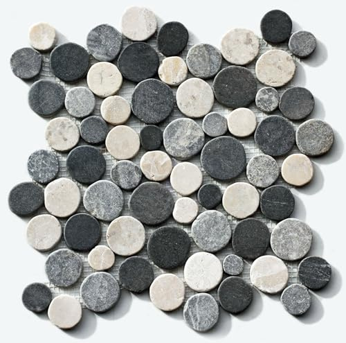 1qm Mosaikfliesen Kieseloptik Marmor Stein Münzen Bodenfliesen Badfliesen Naturstein Fliesen Lager Verkauf Stein-mosaik Herne NRW (Grau-Hellgrau-Weiß (Grey-lightgrey-white))