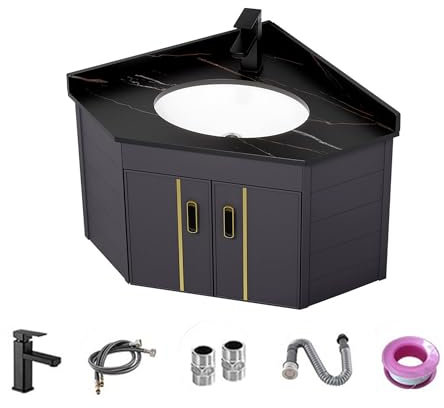 Mobile Bagno Sospeso con Lavabo da Appoggio,Lavandino Bagno con Mobiletto,Lavabo Bagno Angolare con Mobile,Arredamento Bagno,con Rubinetto Combinato a Parete per Piccoli Spazi ( Color : Black , Size :