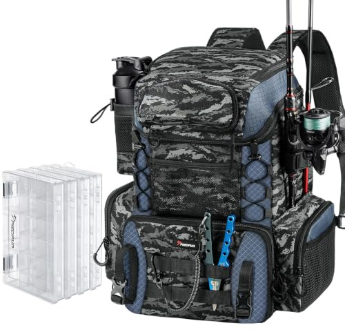 Piscifun Angelausrüstungsrucksack mit 4 Tackle-Boxen, Rutenhalter, wasserdichter Regenschutz, Flaschenhalter, 27 l großer Stauraum, wasserdichte Angelausrüstungstasche für Angelausrüstung, Camping,
