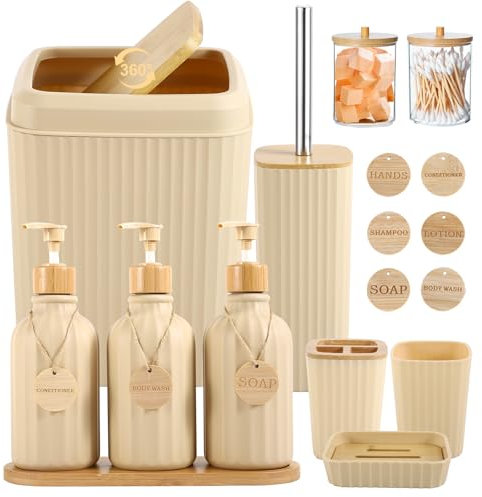 Beige Bathroom Accessories Set - 17PCS with Trash Can, Lotion Soap Dispenser, Toothbrush Holder, Wood Tags for Kitchen & Bathroom