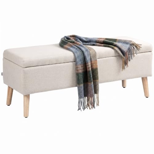 HOMCOM Sitzbank mit Stauraum Polsterbank Holzbeine, 110x39x45cm Beige | Mit Leinenoptik, Sitztruhe, Truhenbank für Wohnzimmer Schlafzimmer Flur