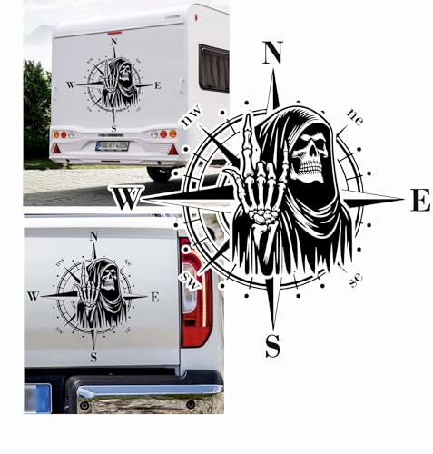Rakelfix Kompass Sensenmann mit Mittelfinger Totenkopf Tod Aufkleber Größe&Farbe wählbar Hund Hunde Wohnmobil Caravan Autoaufkleber Sticker Kompassrose Windrose Camper
