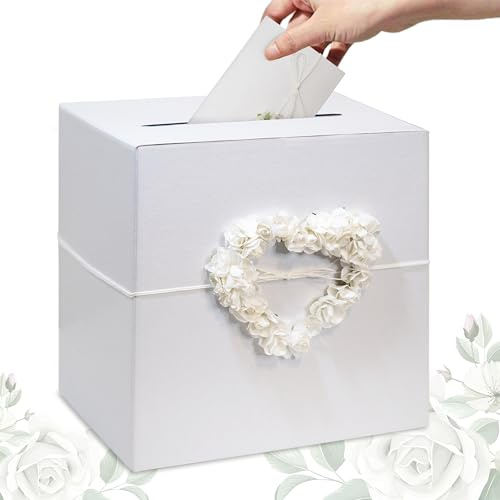 Decoraparty Card Box Box für Umschläge, Geschenke, Nachrichten, Karten, Geld, Glückwünsche zur Hochzeit, Hochzeit, Feier, Brautpaar, aus weißem Karton mit Blumenherz, 24 x 24 x 24 cm