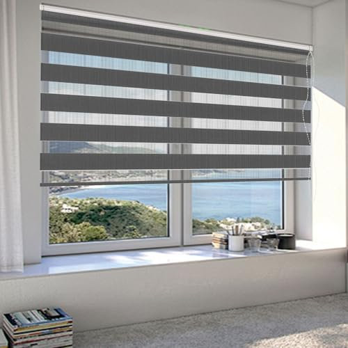 Doppelrollo Klemmfix Verdunkelung 120 x 200 cm Hitzeschutz Energiesparend Sonnenschutzrollo Zebrarollo Inkl. Montagematerial für Wohnzimmer Küche Büro, Dunkelgrau