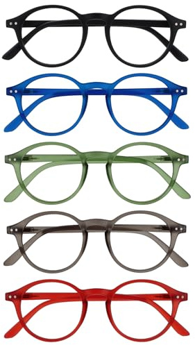 OPULIZE REY Lunettes de Lecture - Lot de 5 - Montures Rondes Rétro - Noir, Bleu, Vert, Gris, Rouge - Hommes Femmes - RRRRR56-1367Z - +3.00